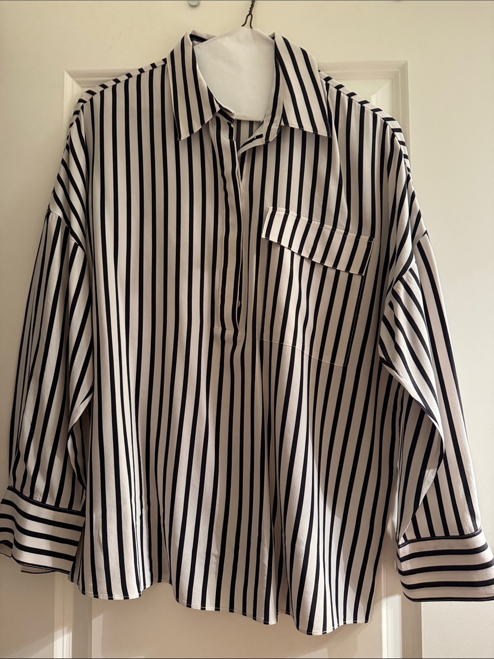 Tibi Black and White Vertical Stripe Button-Front Shirt